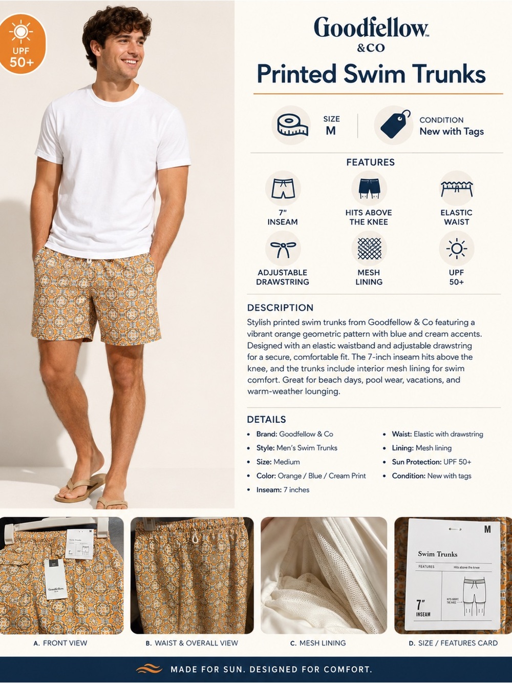 Goodfellow & Co Orange Geometric Swim Shorts with Blue & Cream Accents